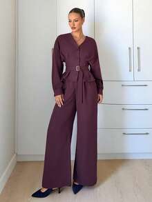 Siren Gaze 女士优雅纯色上衣和裤子两件套 - 中紫紅色 - 查看 4