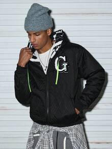 Modcrash Men Letter Graphic Patch Detail Hooded Padded Coat, For Fall Winter - Black - View 8