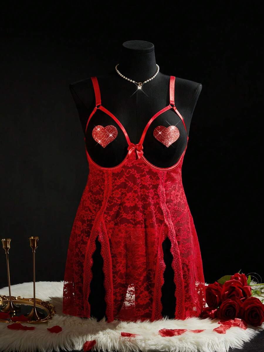 SpicyHot Bộ 4 món: Váy lót ren có gọng cỡ lớn + Quần lọt khe + Miếng dán nhũ hoa, Gợi cảm cho ngày Valentine - Đỏ - Xem 1