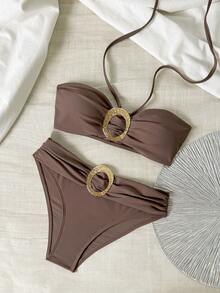 Swim Vcay 2件套女士卡其色挂脖系带金色圆圈褶皱前襟休闲度假风泳衣，春夏款 - 咖啡棕 - 查看 5
