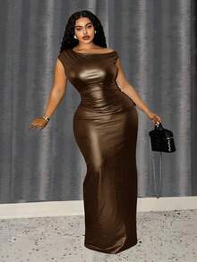 Slaydiva Đầm maxi không tay thời trang mới mùa xuân hè, phù hợp cho tiệc sinh nhật, đi học, mặc hàng ngày, kỳ nghỉ, đi biển, du lịch, phong cách người nổi tiếng, thanh lịch, đi làm, công sở thường ngày, đầm ôm sát một vai gợi cảm bằng da PU màu đen mùa hè, đầm nữ thanh lịch màu nâu cỡ lớn. - màu nâu - Xem 10