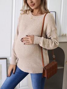 SHEIN Maternity Casual Everyday Commute Simple Solid Color Dropped Shoulder Loose Knit Sweater, Autumn/Winter - Khaki - View 3