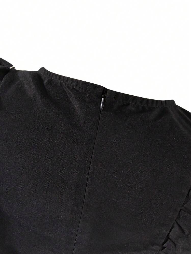 Tween Girl Fashionable Black Off-Shoulder Mini Dress