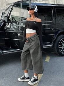 CasuGlow WOMEN LOW WAIST SNOW WASH DENIM SHORT - Grey - View 5