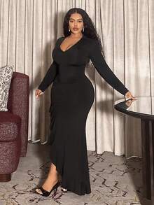 Slaydiva Autumn/Winter New Sexy Party & Birthday Party & Evening Party & Banquet & Date & Elegant & Bachelorette Party & Graduation Season & Wedding Season & Gathering & Valentine's Day Sexy Fitted Solid Black Deep V-Neck Long Sleeve Asymmetric Hem Backless Tie-Up Knit Stretchy Fabric Plus Size Maxi Dress - Black - View 4