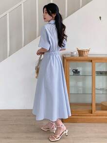 DAZY 女士翻领短袖收腰休闲优雅中长连衣裙 - 藍色 - 查看 6