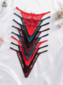 SHEIN Multicolor Lace Sheer Thong Set With Contrast Trim For Women 8 Pack - Multicolor - View 3