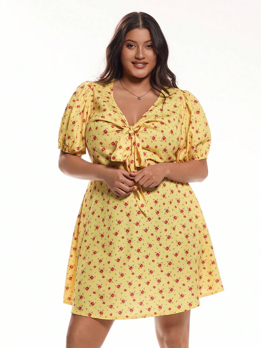 Solavibe Abito casual da vacanza con scollo a V e fiori ditsy per donne taglie forti - Giallo - Visualizzare 1