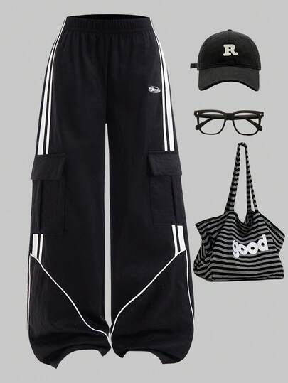SHEIN ChillGRL 少女休闲宽松运动撞色拼接阔腿裤，适合日常通勤、休闲和街头风格，春夏款