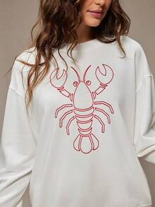 WESTFADE Crewneck Lobster Embroidered Long Sleeve Relaxed Cotton Blend French Terry Sweatshirt Fall, Autumn, Winter, Casual Cute, Boho, Resort - White - View 6