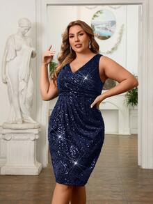SHEIN Belle Plus Size Elegant Twist V-Neck Sequin Sleeveless Party Dress - Navy Blue - View 6
