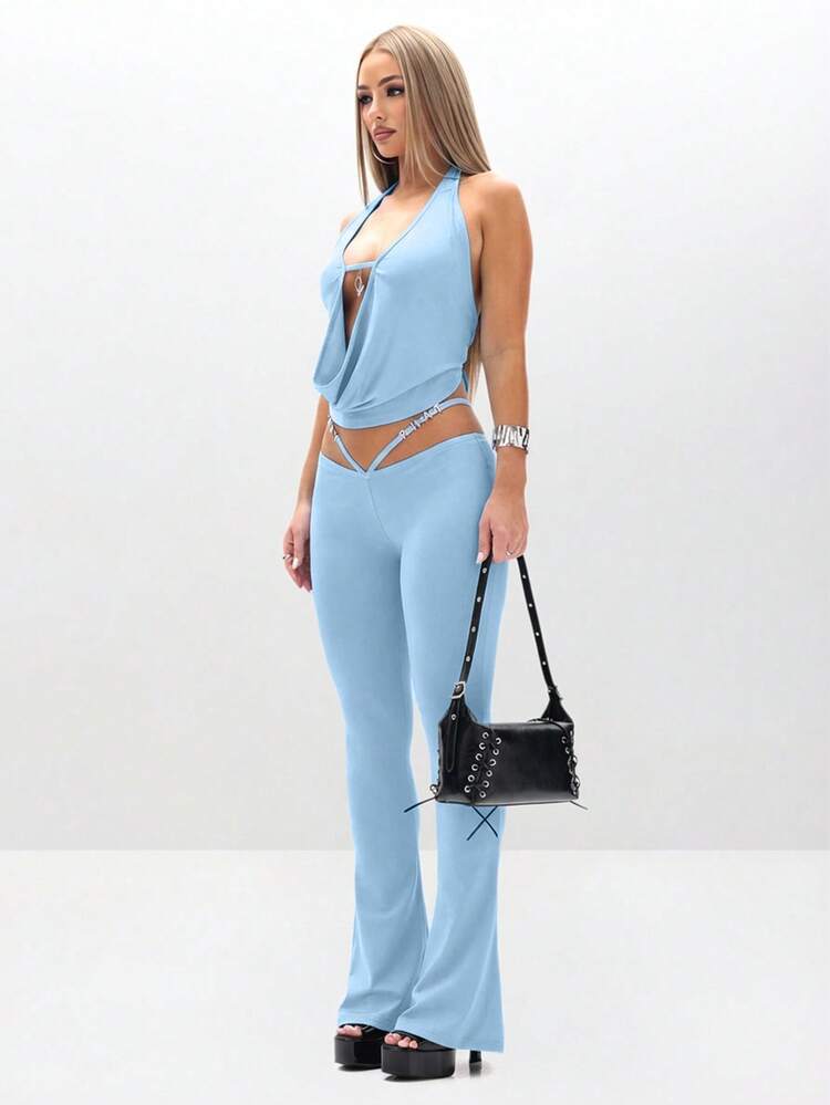 BABYPHAT Logo Detail Cowl Neck Deep Plunge Halter Tank Top With Cutout Waist Design Summer Festival Clubwear