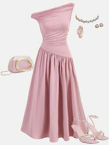 Girlism Teen Girls Elegant Commuter Loose Fit Sleeveless Crew Neck Pleated Mid-Length Pink Dress Dusty Pink Dress Dresses For Church Bridesmaid Dress Tea Party Dress Elegant Dress - Pink - View 3