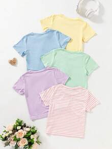 SHEIN ChillGRL 6件組女童休閒舒適素色圓領短袖T恤套裝 夏季1歲生日 嬰兒粉 嬰兒藍 綠色 紫色 - 彩色 - 查看 3