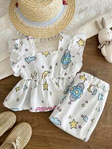SHEIN 女婴阿拉伯风格服装，两件套春季女童休闲可爱日常穿搭套装，月亮和星星印花宽松套装，短袖基础款上衣和长款基础款裤子 - 白色 - 查看 7