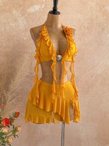 Soleia 新款度假风荷叶边下摆迷你裙两件套，波西米亚风，浪漫花卉图案，适合派对、约会、情人节、复活节、狂欢节、下午茶、海滩、邮轮、城市假日等场合。 - 橘色 - 查看 4