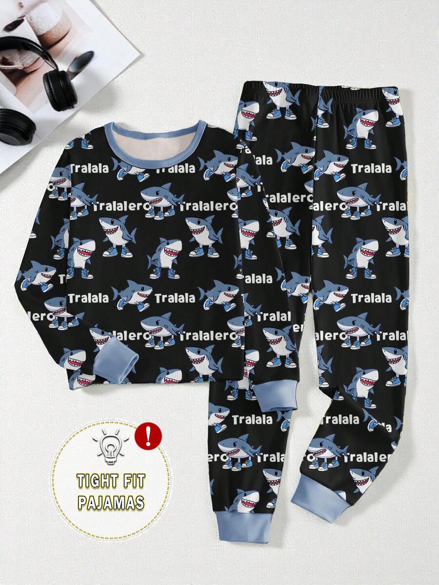 男童睡衣套装，修身款，卡通鲨鱼印花，长袖上衣和裤子，春秋季 - 黑色 - 查看 1