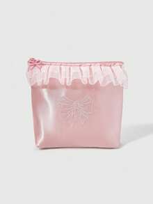 ROMWE Kawaii Embroidered Bow Floral Edge $Mall Bucket Tissue Box, Makeup Bag, Travel Sanitary Pad Organizer, Gift Coin Purse - Pink - View 1