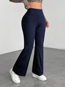 SHEIN PETITE 女士不规则腋下条纹纯色长裤 - 藏蓝色 - 查看 3