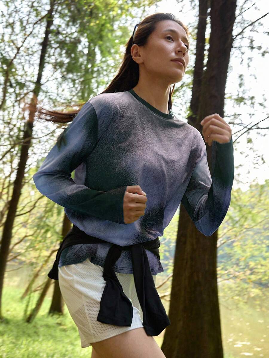 In My Nature 女士紫色扎染长袖圆领户外网眼T恤 - 紫色 - 查看 1