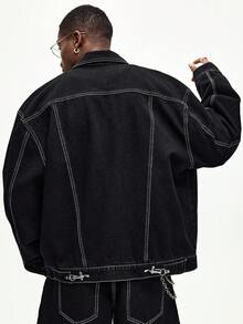 ROMWE MEN Street Life Men's Long Sleeve Metal Snap Design Casual Loose Denim Jacket - Black - View 8