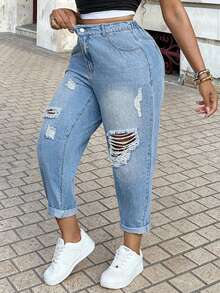 Dripcurv Spodnie jeansowe Plus Size Slim Fit Ripped Tapered, niebieskie, luźne, z rozdarciami i zwężanymi nogawkami, długość 7/8, dżinsy z wysokim stanem i podwiniętym dołem, na koncert country / rave / festiwal rave / Nashville / Ibiza, eleganckie, boho / bohemia / boho; kowbojka / kowboj, brunch, prezent na Dzień Matki