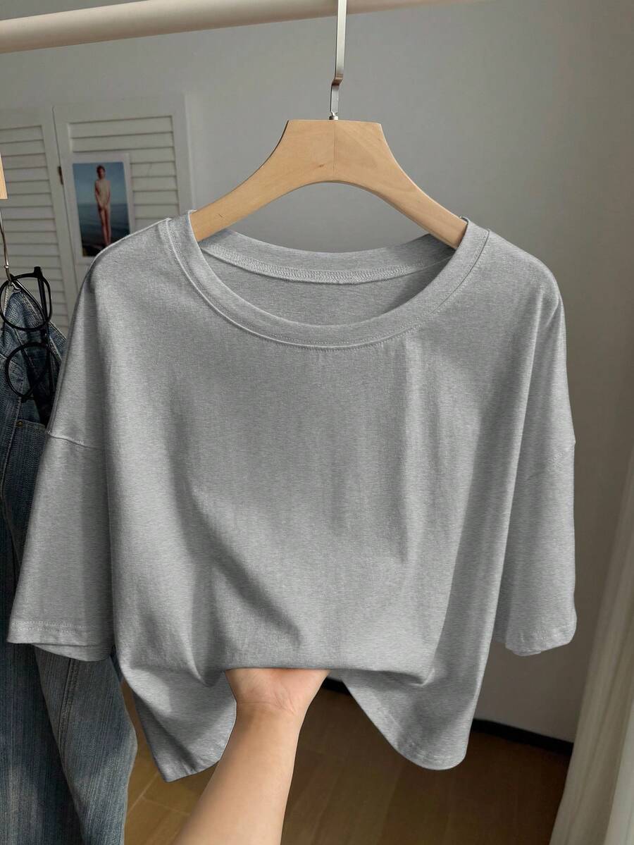 Comfortcana Light Gray Solid Color Dropped Shoulder Casual Plus Size T-Shirt - Light Grey - View 1