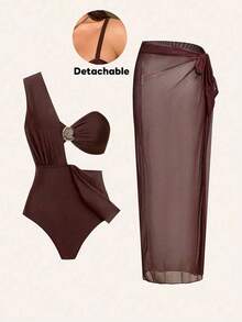 Swim Chiccia Maiô Elegante de 3 Peças com Fivela de Metal Marrom, Pode Ser Usado Separadamente com Roupas, Adequado para Festa e Férias, Plus Size