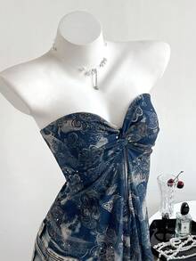 Elamini Top corto con estampado floral vintage Perris, con efecto retorcido, bajo asimétrico y lentejuelas, en color azul marino, para mujer, para primavera/verano - Azul Marino - Ver 5