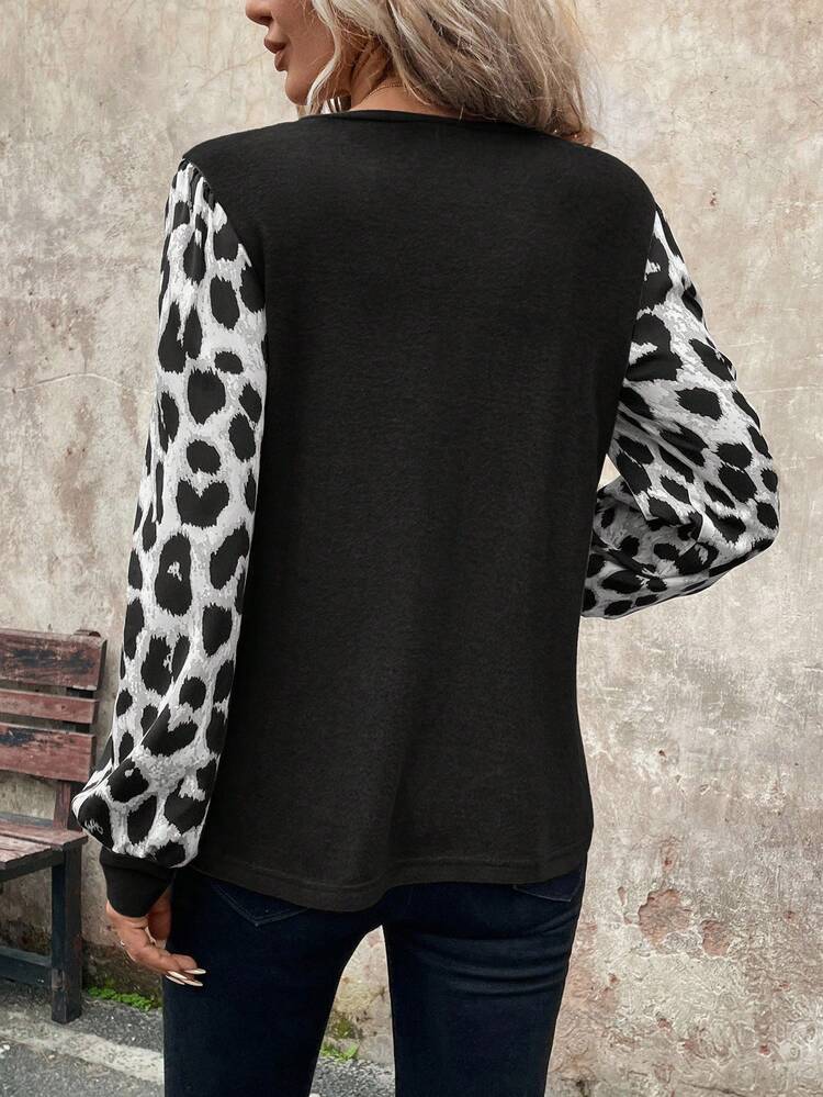 T-shirt à manches longues décontracté et polyvalent à col rond imprimé léopard grande taille. Top à manches longues, imprimé animal, imprimé léopard, imprimé guépard. Nouveau pour les femmes pour le Nouvel An et Noël