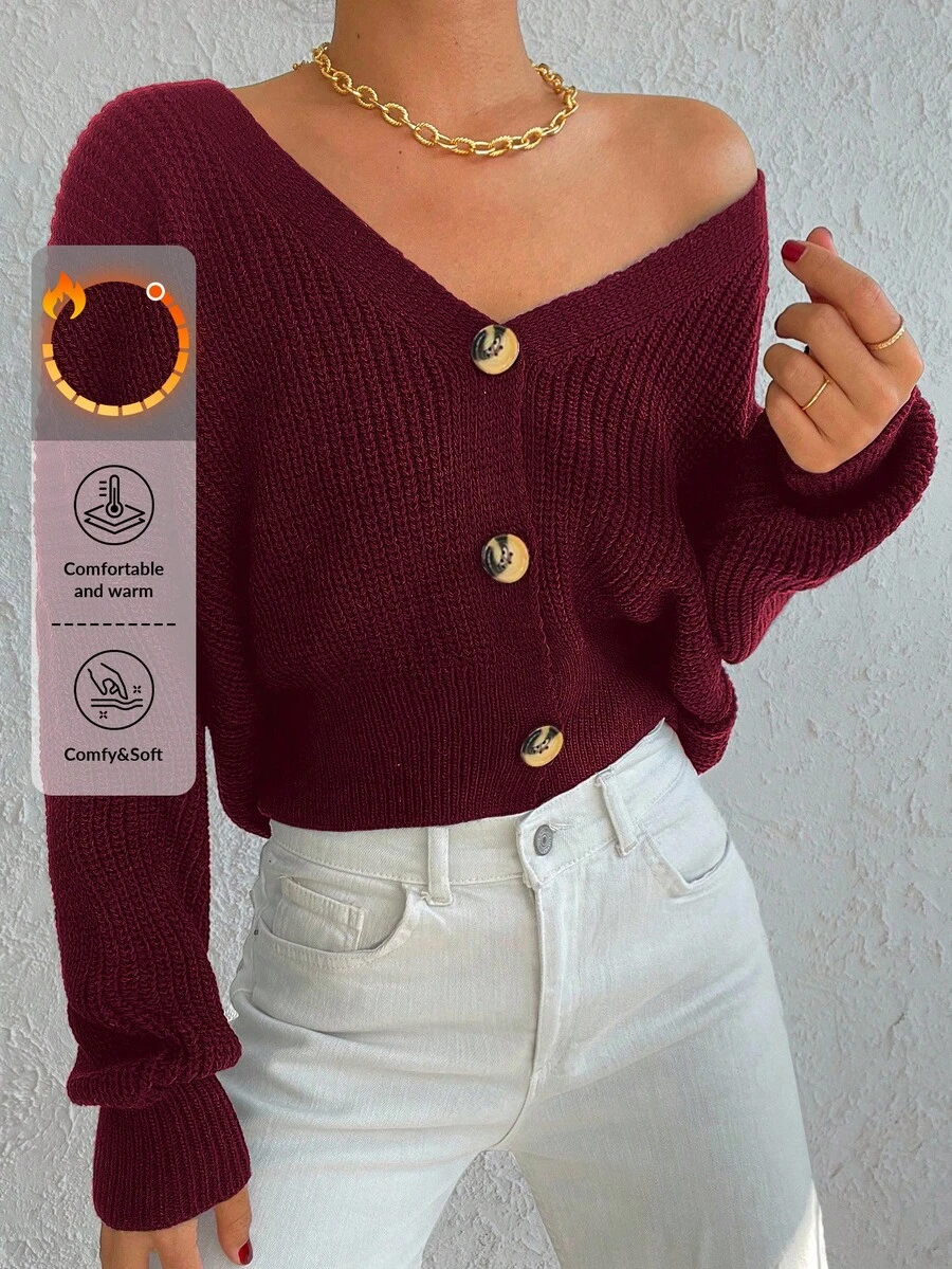 كارديجان منخفض الاكتاف أزرار أمامية - عنابي اللون - مشاهدة 1