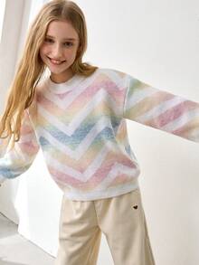 Tween Girls Sweaters, Round Neck Pullover Sweater, And Stylish, Suitable For Daily Wear, Traveling, Macaron Ombre Color, Autumn And Winter, Warm - Multicolor - View 5