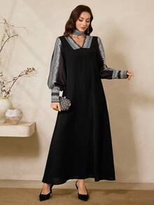 Al Najma New  Women's Geometric Pattern Slit Long Sleeve Elegant Arabic Dress Kaftan Jalabiya Dress - Black - View 3