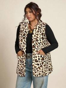 Freevana 大码女式休闲毛绒双口袋前开襟背心，适合秋季穿着。 - 米色 - 查看 7