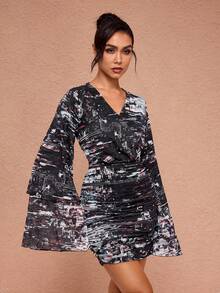 JIAN LASALA All-Over Print Mesh V Neck Overlap Front Flared Layered Sleeves Ruched Mini Dress Women Party Dresses Bell Sleeve Dress Beach Wedding Guest - Multicolor - View 6