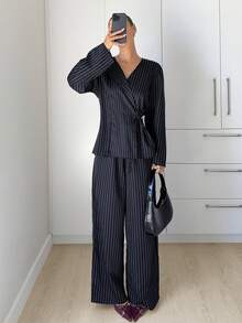 Siren Gaze Women's Navy Blue Striped Long Sleeve Jacket And Wide Leg Pants Suit Set, Office, Business Commute, Casual, Daily Wear Woman Suit Navy Blue Set 2 Piece Lounge Sets Woman Lounge Wear - Navy Blue - View 1