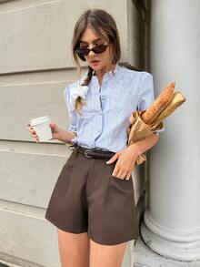 SHEIN Frenchy Quần short ống rộng dáng rộng có túi màu trơn dành cho nữ - màu nâu - Xem 3