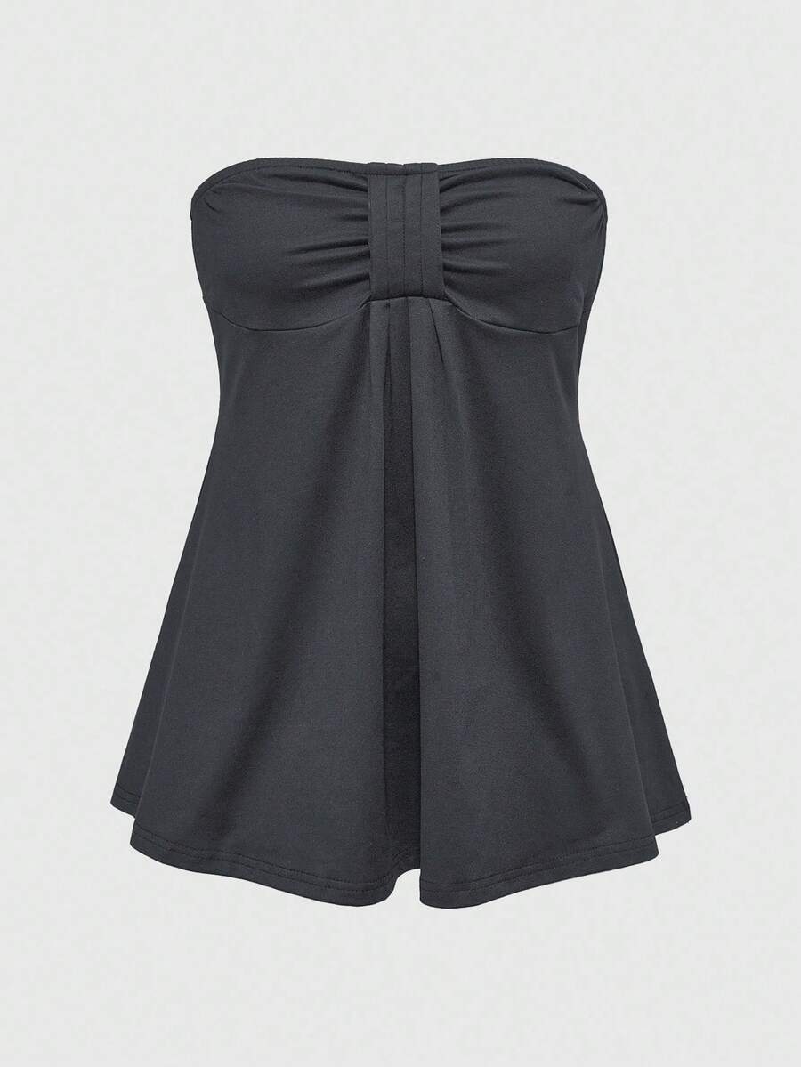 ROMWE Goth 女士Y2K时尚纯色褶皱胸部吊带娃娃衫抹胸上衣，夏季百搭 - 灰色 - 查看 1