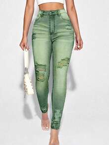Jeanoix Quần Jeans Denim Cạp Cao Có Túi, Kiểu Dáng Ôm, Thường Ngày, Đa Năng Cho Nữ - màu xanh lá - Xem 4