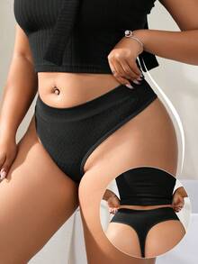 1pc Plus Size Women Seamless Solid Color Invisible Thong Panty - Black - View 4