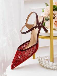 CUCCOO HITCHD Giày cao gót mũi nhọn cho nữ, chất liệu ren và đính đá, kiểu dáng thanh lịch, thích hợp cho tiệc tùng, dạ hội, đám cưới, kỳ nghỉ xuân, lễ Phục sinh, dạ hội Giáng sinh. - Màu Đỏ Sâu - Xem 12