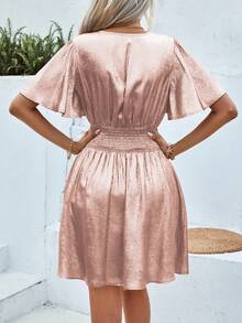 LanaWest Women V-Neck Ruffle Sleeve Pleated Waist Party Fashion Spring/Summer Dress For New Year Holiday Party Clothes - Pink - View 2