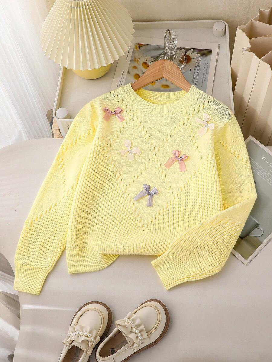 SHEIN 少女返校休闲蝴蝶装饰圆领毛衣,柔软、保暖、百搭、舒适,适合秋冬季穿着 - 黃色 - 查看 1