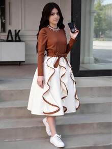 Sparklyn فستان أنيق طويل الأكمام بألوان متباينة مع...