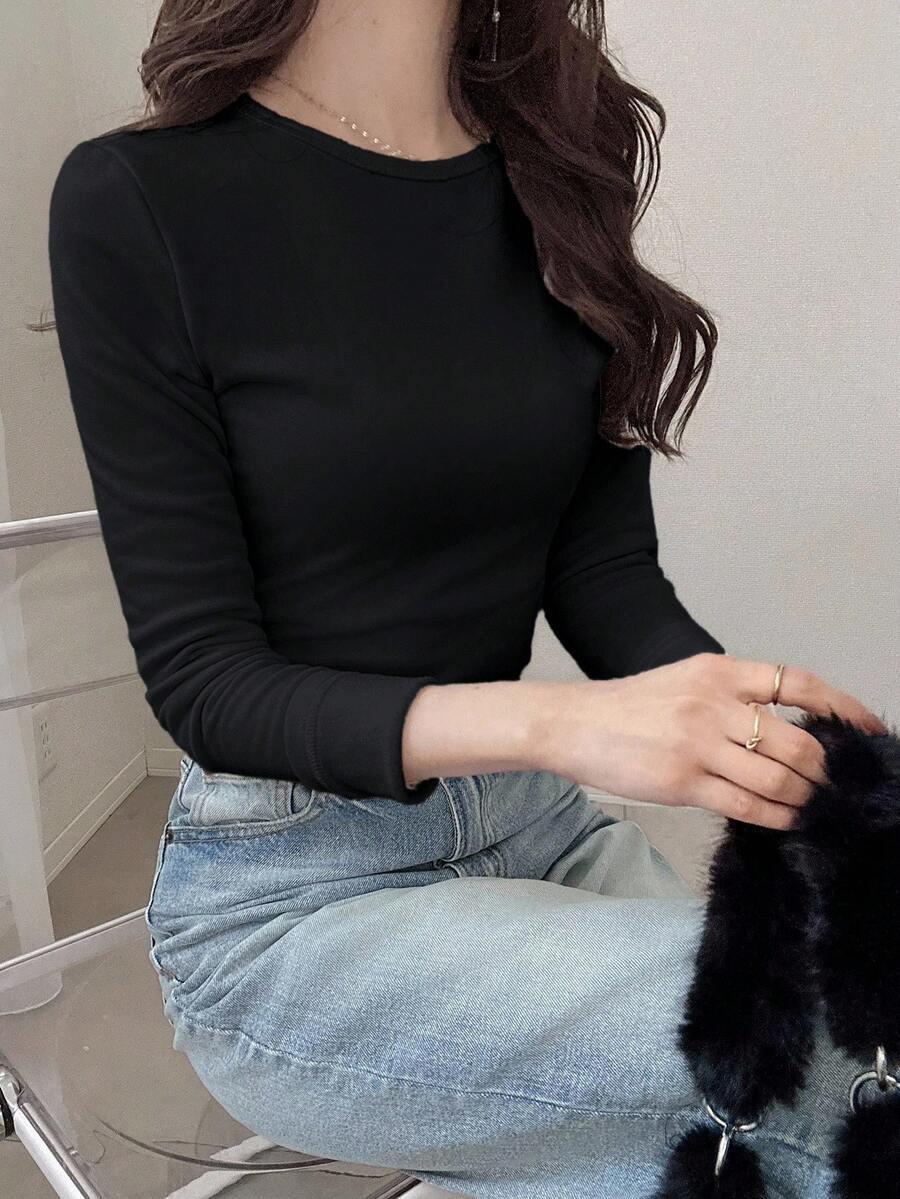 FRIFUL Women's Casual Everyday Commute Simple Solid Color Thermal Lined Long Sleeve Fitted T-Shirt, Autumn/Winter - Black - View 1