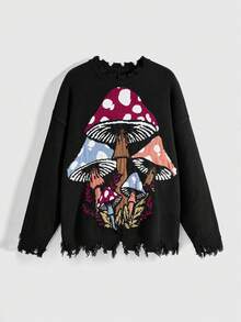 ROMWE Fairycore Plus Size Mushroom Pattern Jacquard Distressed Hem Loose Pullover Sweater For Plus Size Women - Black - View 5