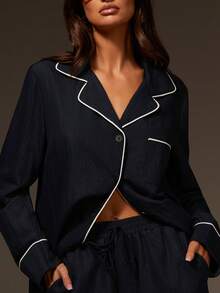 Athîral 女士休闲套装：立领单排扣长袖上衣和抽绳腰带口袋阔腿裤 - 藍色 - 查看 2