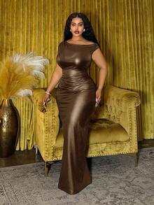 Slaydiva Đầm maxi không tay thời trang mới mùa xuân hè, phù hợp cho tiệc sinh nhật, đi học, mặc hàng ngày, kỳ nghỉ, đi biển, du lịch, phong cách người nổi tiếng, thanh lịch, đi làm, công sở thường ngày, đầm ôm sát một vai gợi cảm bằng da PU màu đen mùa hè, đầm nữ thanh lịch màu nâu cỡ lớn. - màu nâu - Xem 4