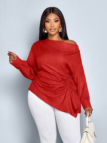 SOLERSUN Áo kiểu nữ cỡ lớn mùa thu đông màu trơn cổ lệch tay dài dây rút bên hông xếp ly, vạt lệch vải xanh dương, thích hợp đi mua sắm và hẹn hò, 2026, Tết Nguyên Đán, Vanlentin, Đỏ Trung Quốc - Đỏ - Xem 6