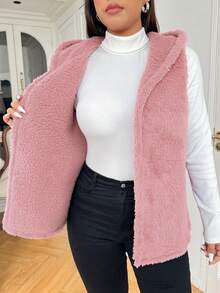 SHEIN EZwear Chaleco con capucha de unicolor y peludo de talla grande, otoño/invierno - Rosa vieja - Ver 6